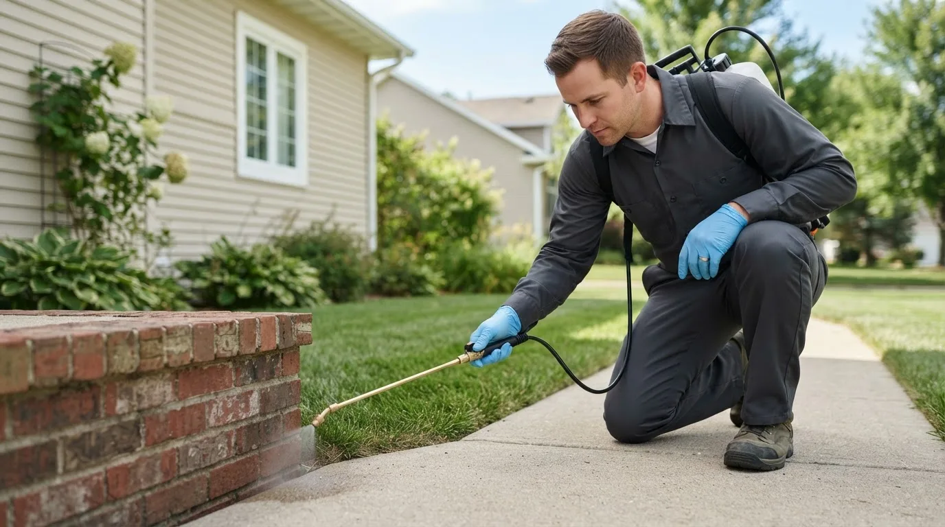 Pest control technician treating a home near Dunkirk, OH