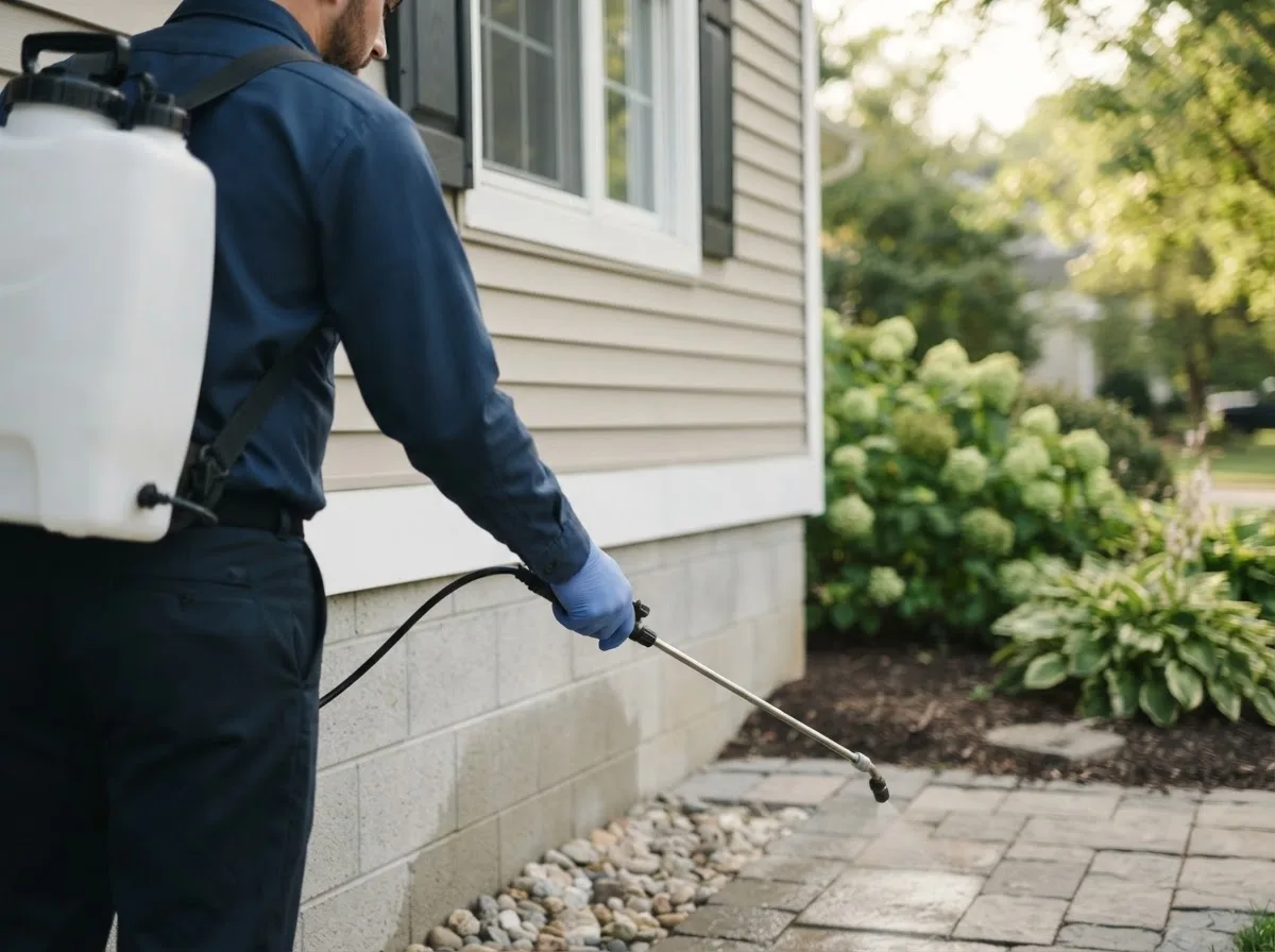 Pest control technician inspecting a home in Dunkirk, OH